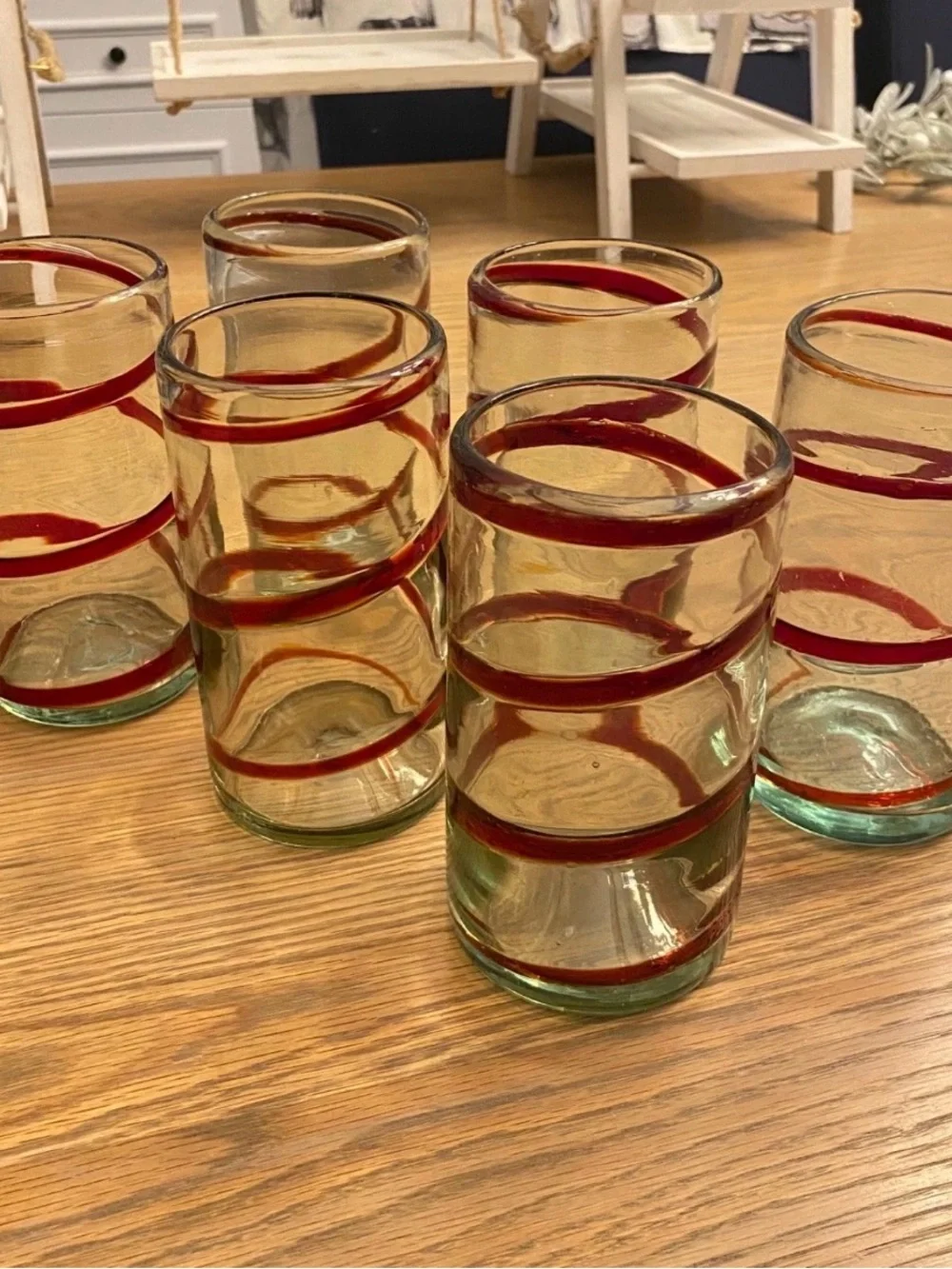 Pottery Barn Set of 6 Hand-Blown Red Swirl Glasses NEW